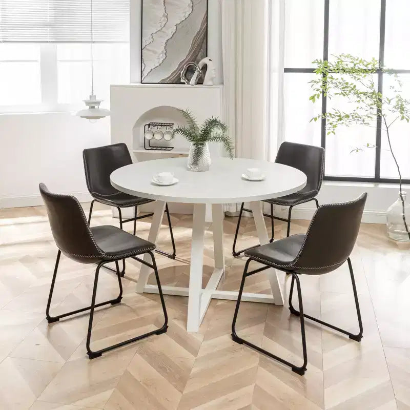 Roundhill Furniture Varna Round Dining Set, Trestle Dining Table with 4 Stylish Chairs, 5-Piece