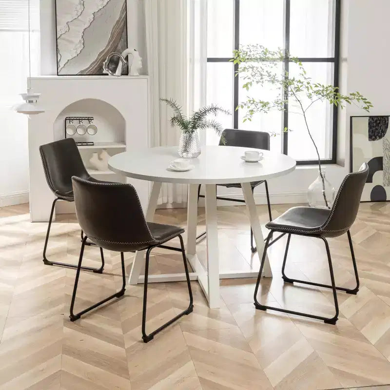 Roundhill Furniture Varna Round Dining Set, Trestle Dining Table with 4 Stylish Chairs, 5-Piece