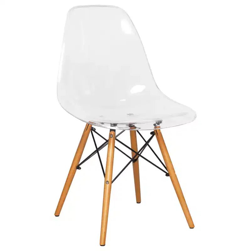 LeisureMod Dover 3-Piece Dining Set  31 Round Clear Glass Bistro Table with 2 Acrylic Chairs with Wooden Dowel Legs, Modern Kitchen, Dining Room
