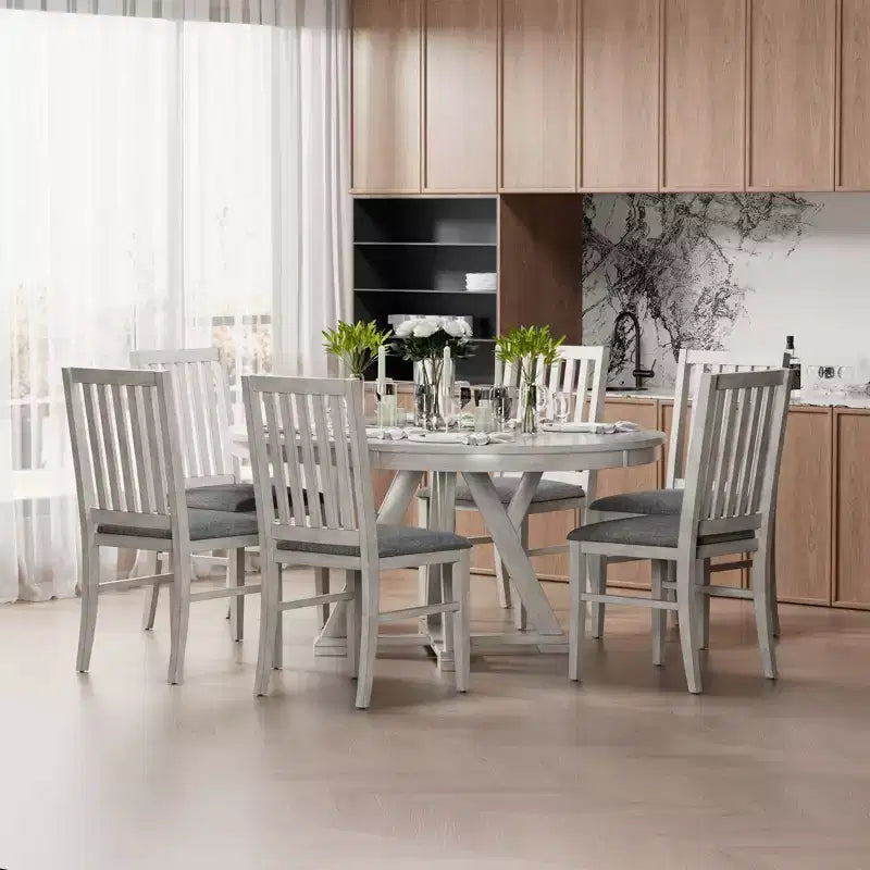 VECELO Round Extendable Dining Table Set, Rubber Wood Table with 4/6 Armless Upholstered Dining Chairs for Kitchen, Gray