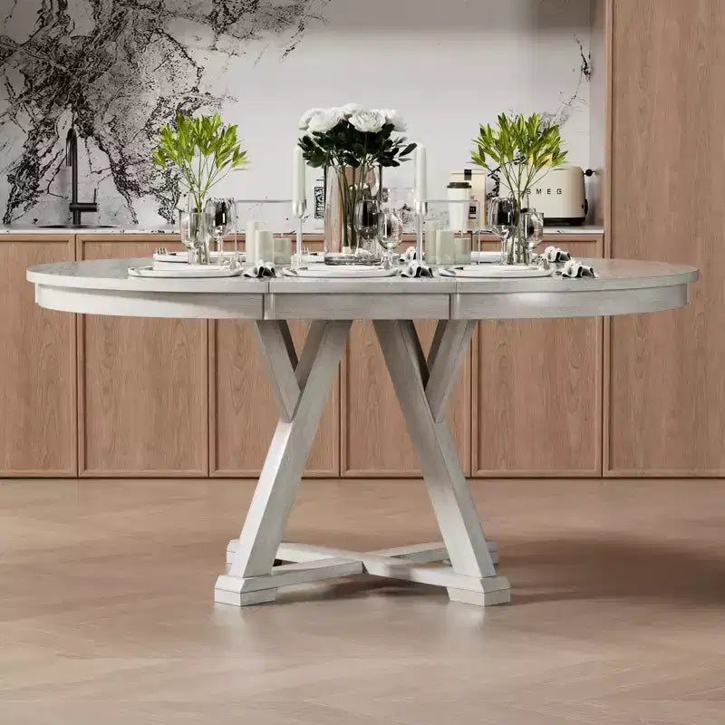 VECELO Round Extendable Dining Table Set, Rubber Wood Table with 4/6 Armless Upholstered Dining Chairs for Kitchen, Gray