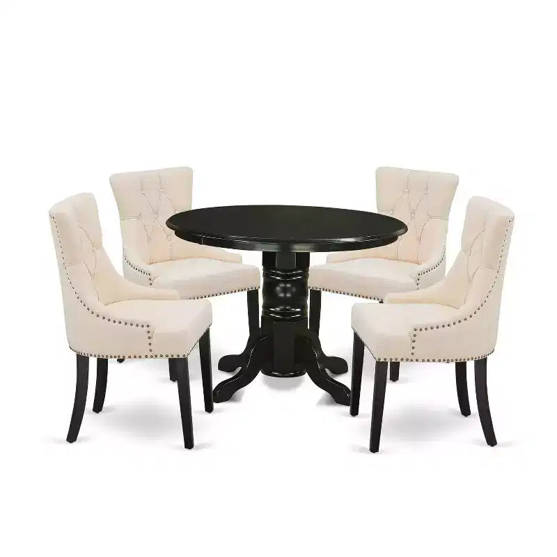 HomeStock 5 Piece Round Dining Room Table Set Black Linen Fabric Chairs