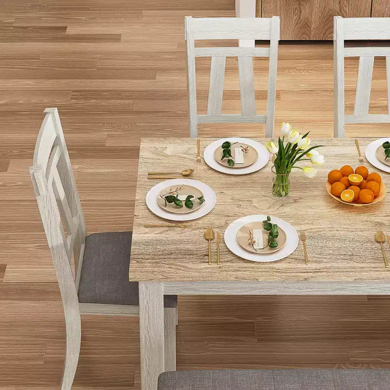 VECELO 6-Piece Wooden Dining Table Set, Dining Table with 4 Armless Upholstered Dining Chairs & Bench for Kitchen, Rubber Wood Legs, Gray