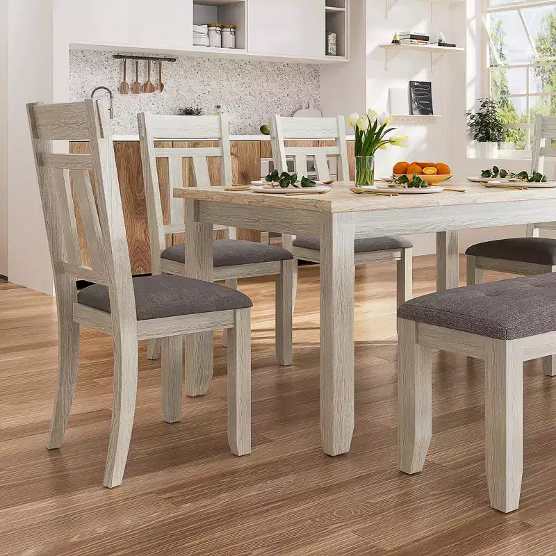 VECELO 6-Piece Wooden Dining Table Set, Dining Table with 4 Armless Upholstered Dining Chairs & Bench for Kitchen, Rubber Wood Legs, Gray
