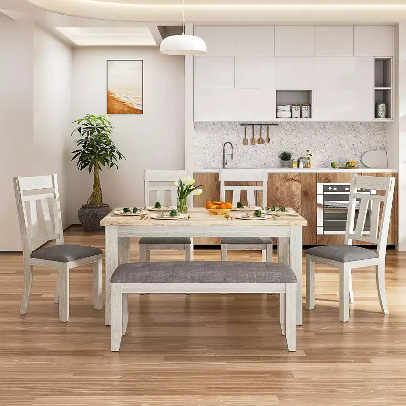 VECELO 6-Piece Wooden Dining Table Set, Dining Table with 4 Armless Upholstered Dining Chairs & Bench for Kitchen, Rubber Wood Legs, Gray