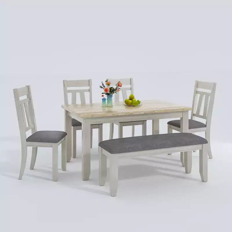 VECELO 6-Piece Wooden Dining Table Set, Dining Table with 4 Armless Upholstered Dining Chairs & Bench for Kitchen, Rubber Wood Legs, Gray