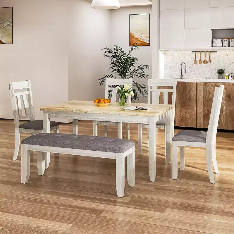 VECELO 6-Piece Wooden Dining Table Set, Dining Table with 4 Armless Upholstered Dining Chairs & Bench for Kitchen, Rubber Wood Legs, Gray