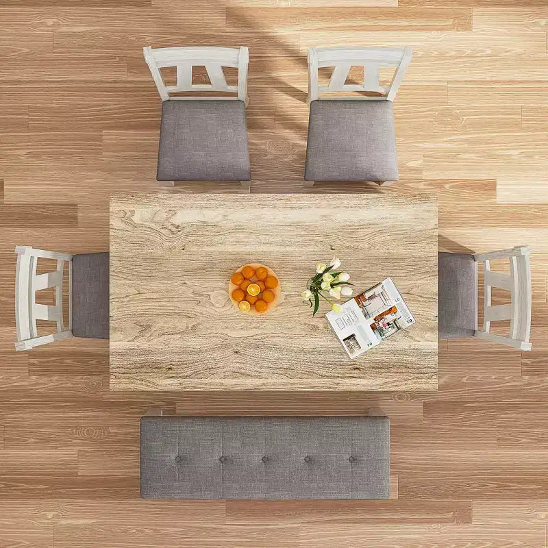 VECELO 6-Piece Wooden Dining Table Set, Dining Table with 4 Armless Upholstered Dining Chairs & Bench for Kitchen, Rubber Wood Legs, Gray