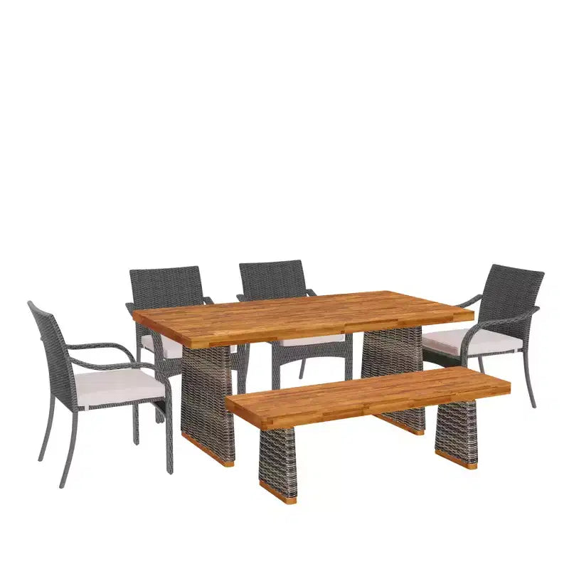 Christopher Knight Home Varesa Rustic 6 Piece Outdoor Rattan Acacia Wood Dining Set with Cushions
