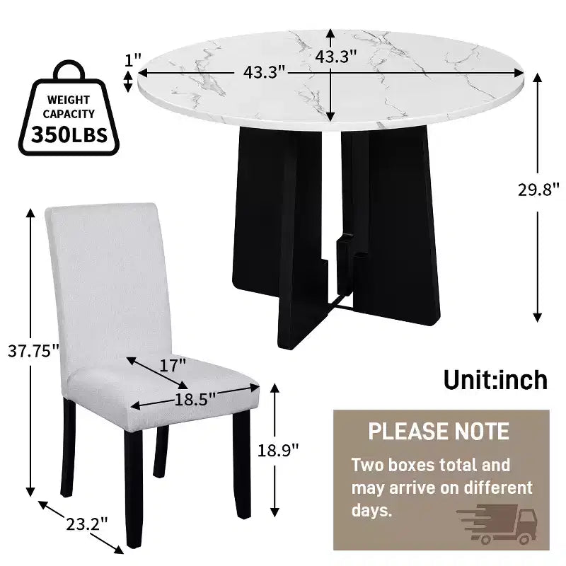 5 Piece Round Dining Table Set for 4, Modern Marble Dining Table and 4 High Back Upholstered Chairs
