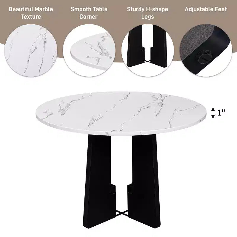 5 Piece Round Dining Table Set for 4, Modern Marble Dining Table and 4 High Back Upholstered Chairs