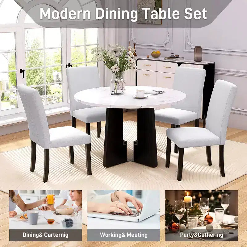 5 Piece Round Dining Table Set for 4, Modern Marble Dining Table and 4 High Back Upholstered Chairs