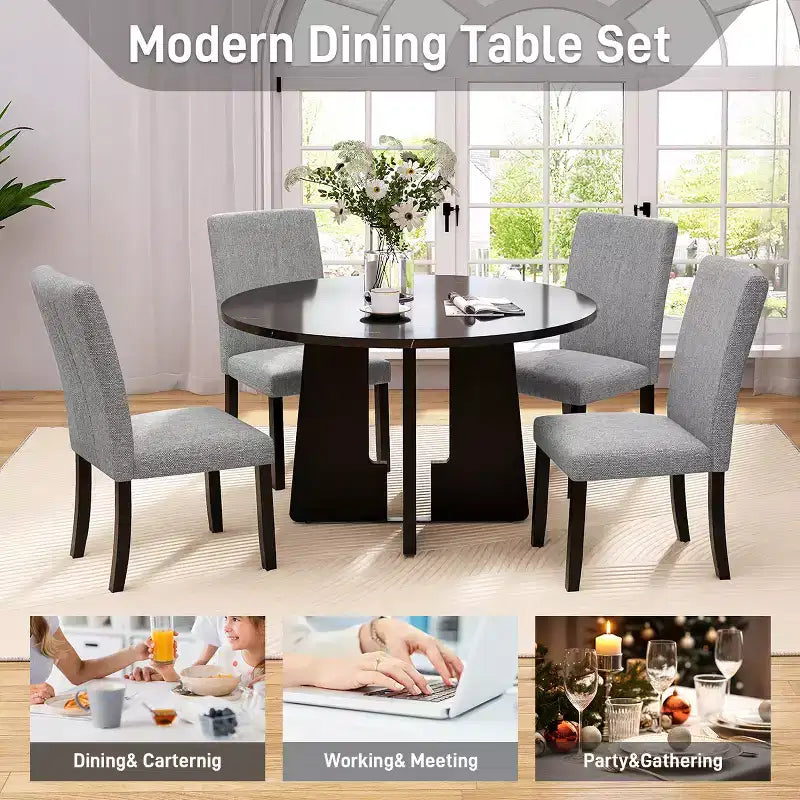 5 Piece Round Dining Table Set for 4, Modern Marble Dining Table and 4 High Back Upholstered Chairs