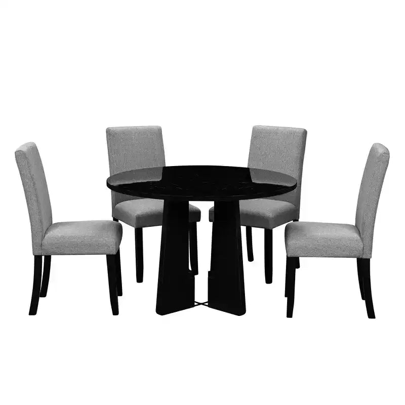 5 Piece Round Dining Table Set for 4, Modern Marble Dining Table and 4 High Back Upholstered Chairs