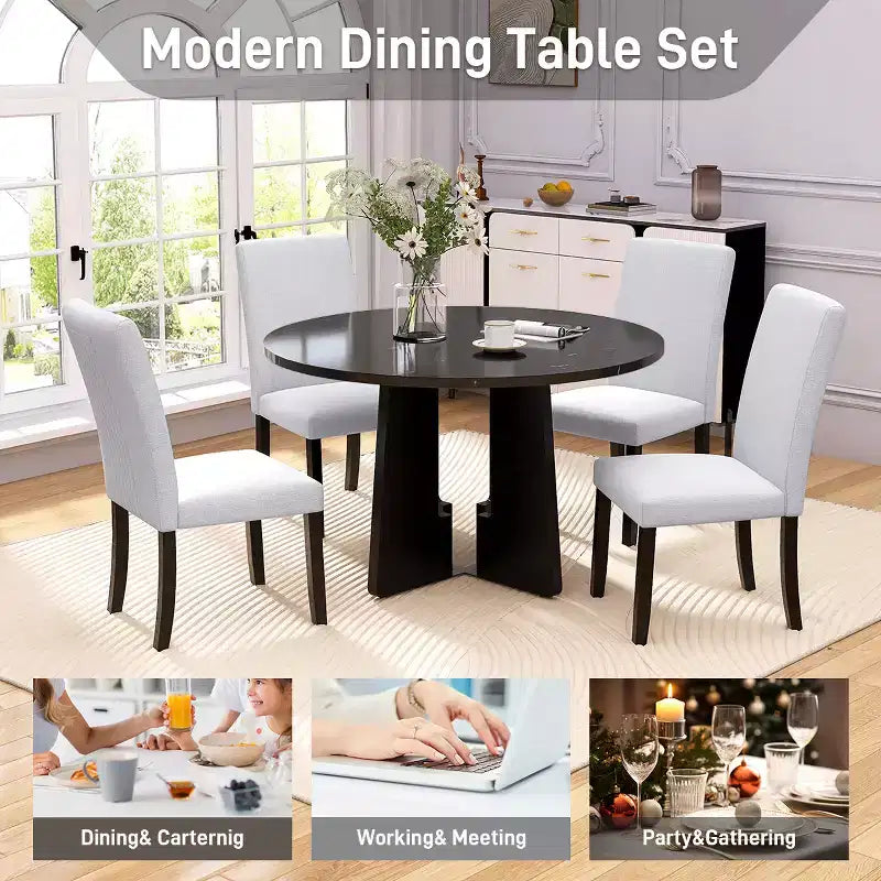 5 Piece Round Dining Table Set for 4, Modern Marble Dining Table and 4 High Back Upholstered Chairs