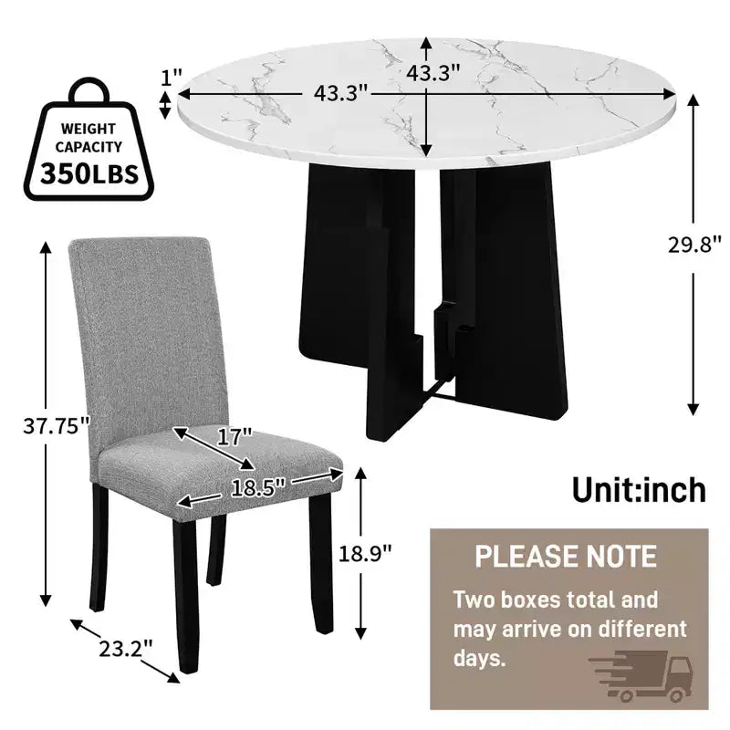 5 Piece Round Dining Table Set for 4, Modern Marble Dining Table and 4 High Back Upholstered Chairs
