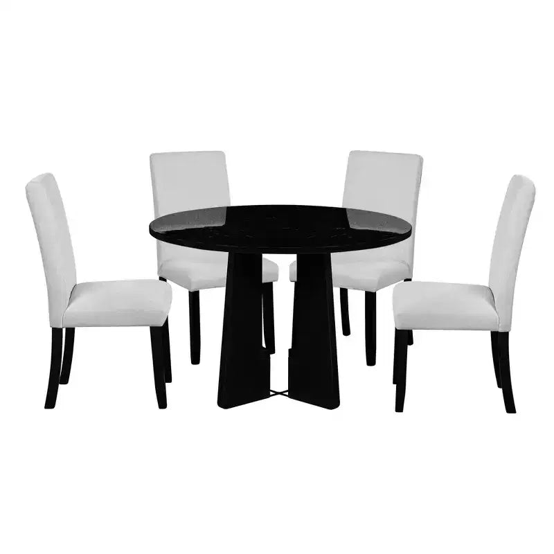 5 Piece Round Dining Table Set for 4, Modern Marble Dining Table and 4 High Back Upholstered Chairs