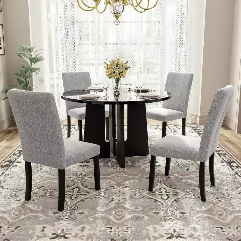 Ensemble table à manger ronde 5 pièces pour 4 personnes, table à manger moderne en marbre et 4 chaises rembourrées à dossier haut