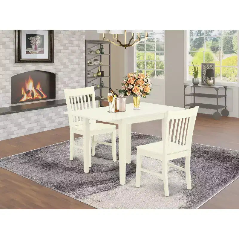 HomeStock Belmont 3Pc Dining Room Table Set Includes a Kitchen Table , 2 Modern Dining Chairs , Asian Hardwood Seat , Slat Back, Linen White Finish
