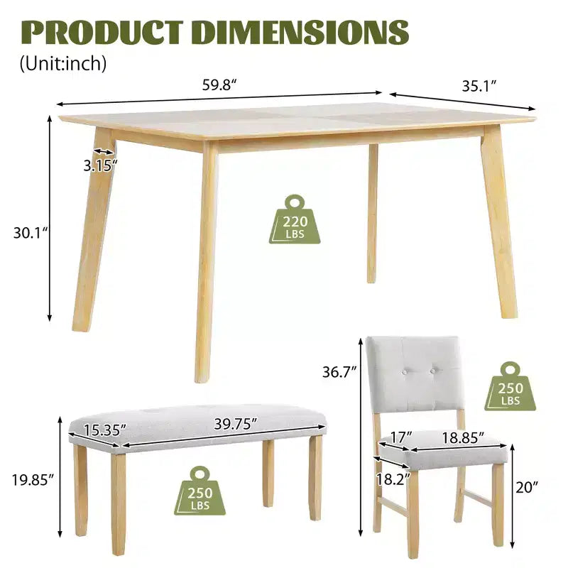 6 Piece Wood Dining Room Table Set, Dining Room Rectangular Table with 4 Upholstered Chairs and Bench