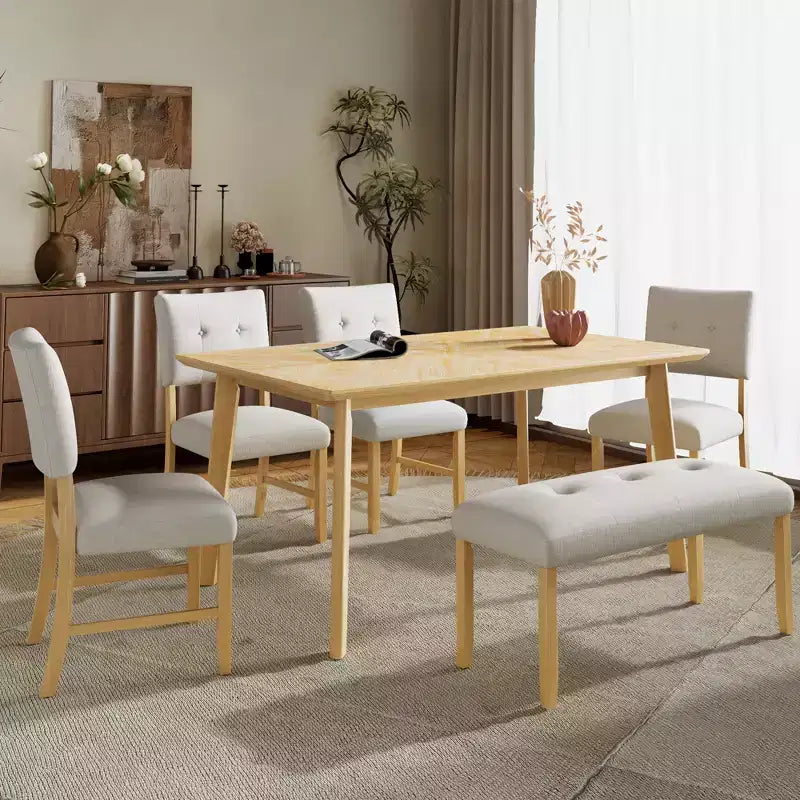 6 Piece Wood Dining Room Table Set, Dining Room Rectangular Table with 4 Upholstered Chairs and Bench