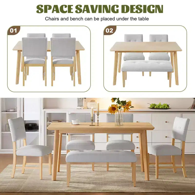 6 Piece Wood Dining Room Table Set, Dining Room Rectangular Table with 4 Upholstered Chairs and Bench