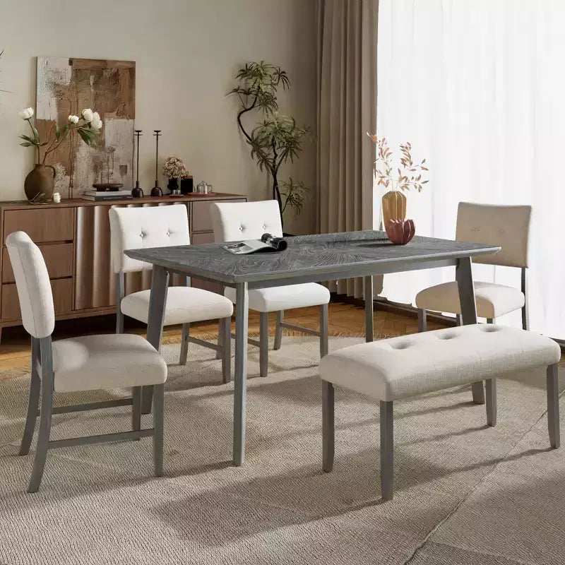 6 Piece Wood Dining Room Table Set, Dining Room Rectangular Table with 4 Upholstered Chairs and Bench
