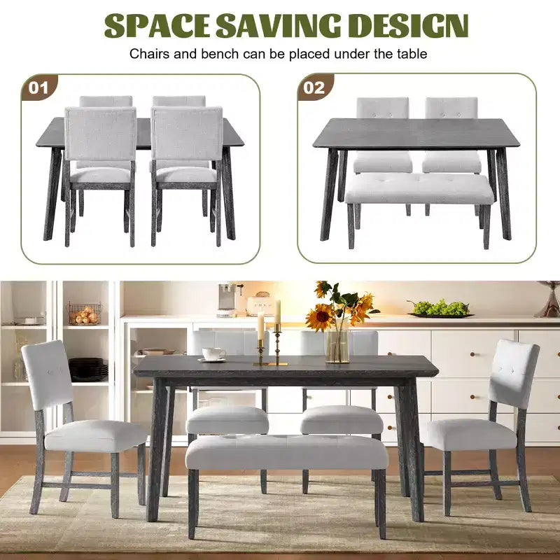 6 Piece Wood Dining Room Table Set, Dining Room Rectangular Table with 4 Upholstered Chairs and Bench