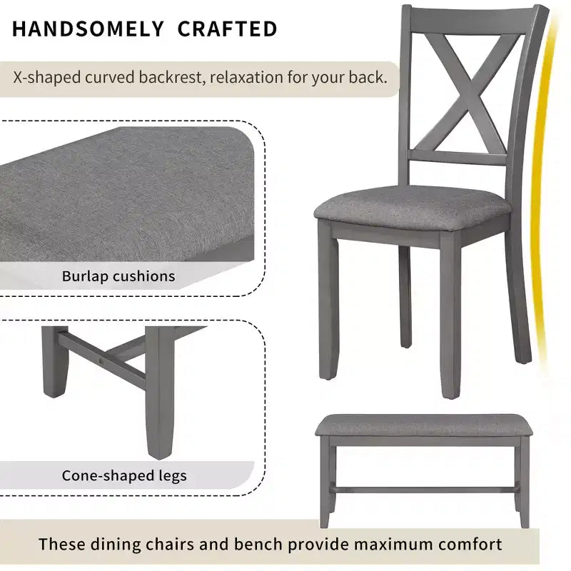 Farmhouse 6 Pieces Dining Set with Bench for 6, Wooden Rectangle Table and 4 Upholstered Chairs