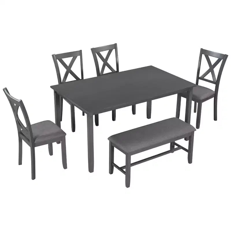 Farmhouse 6 Pieces Dining Set with Bench for 6, Wooden Rectangle Table and 4 Upholstered Chairs
