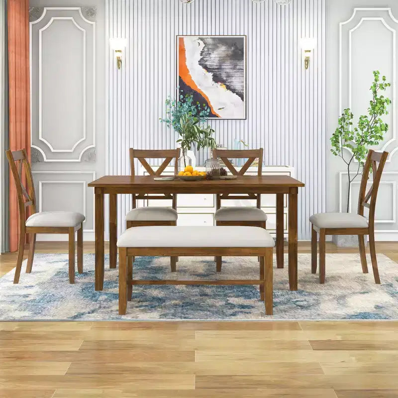 Farmhouse 6 Pieces Dining Set with Bench for 6, Wooden Rectangle Table and 4 Upholstered Chairs