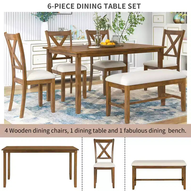 Farmhouse 6 Pieces Dining Set with Bench for 6, Wooden Rectangle Table and 4 Upholstered Chairs