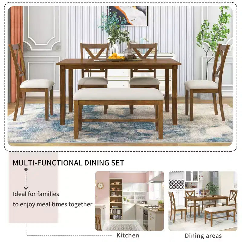 Farmhouse 6 Pieces Dining Set with Bench for 6, Wooden Rectangle Table and 4 Upholstered Chairs