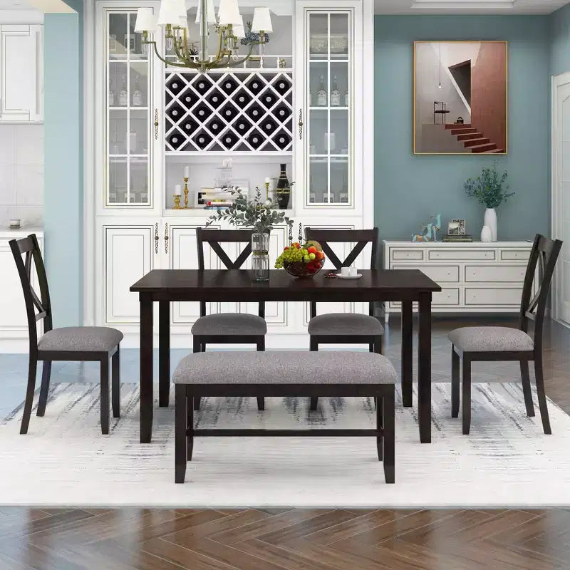 Farmhouse 6 Pieces Dining Set with Bench for 6, Wooden Rectangle Table and 4 Upholstered Chairs