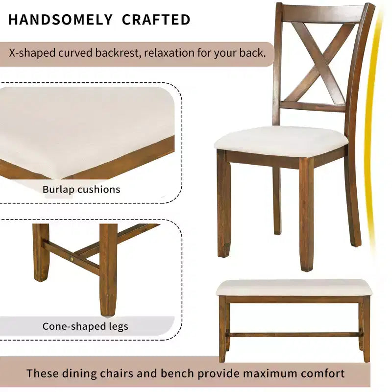 Farmhouse 6 Pieces Dining Set with Bench for 6, Wooden Rectangle Table and 4 Upholstered Chairs