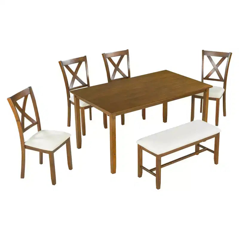 Farmhouse 6 Pieces Dining Set with Bench for 6, Wooden Rectangle Table and 4 Upholstered Chairs