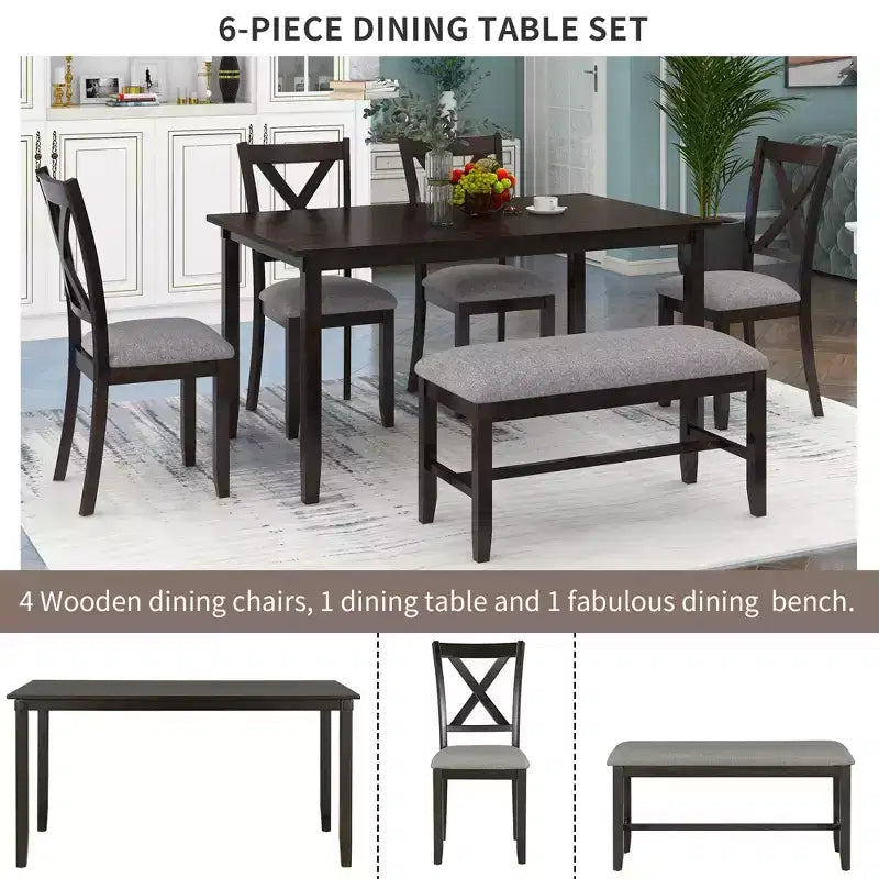 Farmhouse 6 Pieces Dining Set with Bench for 6, Wooden Rectangle Table and 4 Upholstered Chairs