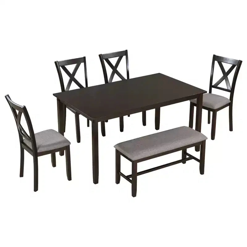 Farmhouse 6 Pieces Dining Set with Bench for 6, Wooden Rectangle Table and 4 Upholstered Chairs