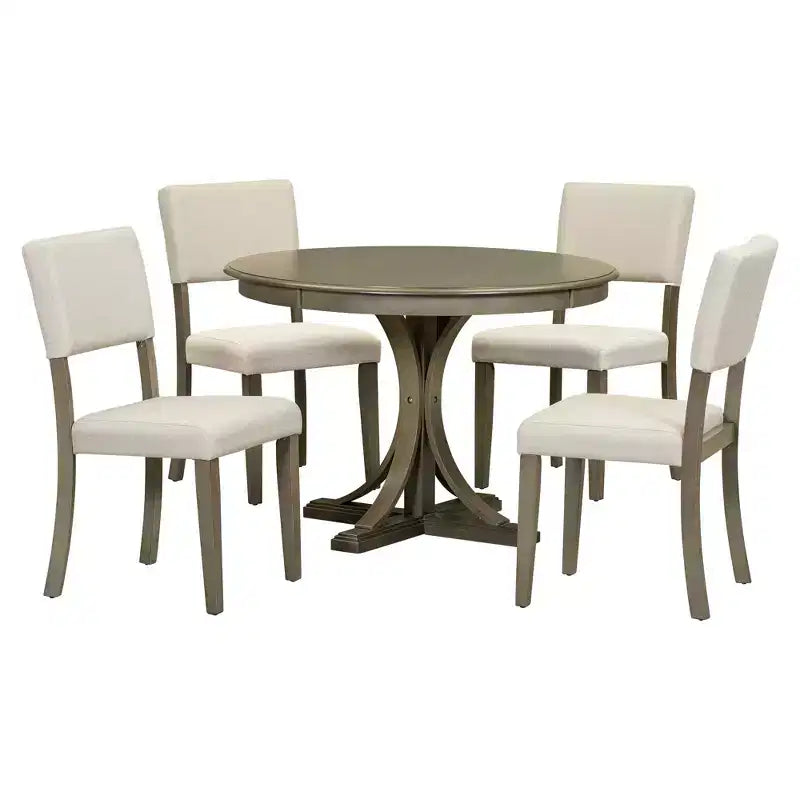 Round Dining Table Set for 4, 5 Pieces Retro Kitchen Table Set with 4 Upholstered Chairs