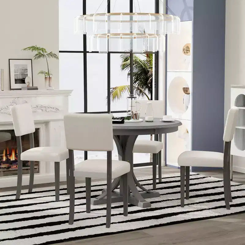 Round Dining Table Set for 4, 5 Pieces Retro Kitchen Table Set with 4 Upholstered Chairs