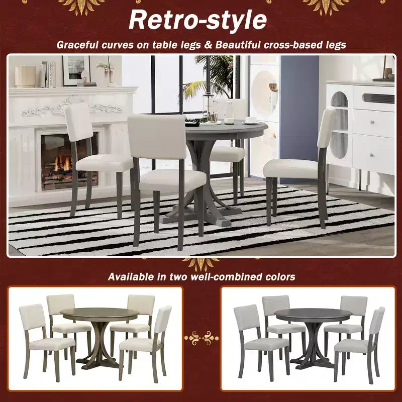 Round Dining Table Set for 4, 5 Pieces Retro Kitchen Table Set with 4 Upholstered Chairs