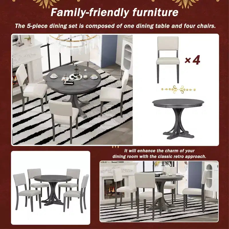 Round Dining Table Set for 4, 5 Pieces Retro Kitchen Table Set with 4 Upholstered Chairs