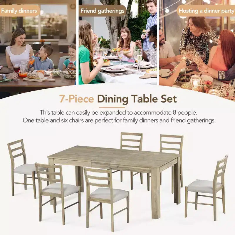 GDFStudio Louisa 7 Piece Extendable Wooden Dining Table Set with Upholstered Chairs