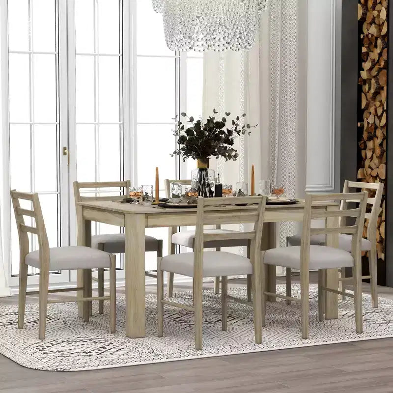 GDFStudio Louisa 7 Piece Extendable Wooden Dining Table Set with Upholstered Chairs