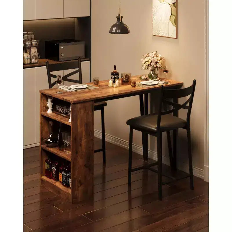 3 Piece Bar Table Set for 2, Bar Table and Chairs Set with with Flip Top Extension, Dining Table Set with Storage Shelves, Suitable for Small Space