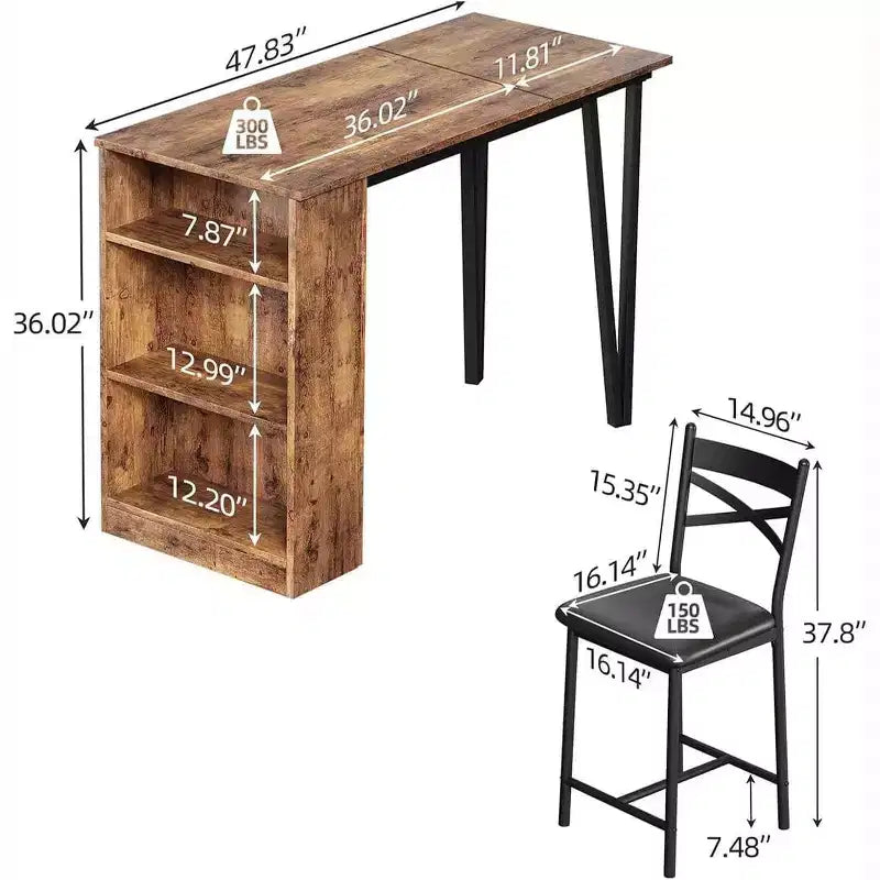 3 Piece Bar Table Set for 2, Bar Table and Chairs Set with with Flip Top Extension, Dining Table Set with Storage Shelves, Suitable for Small Space