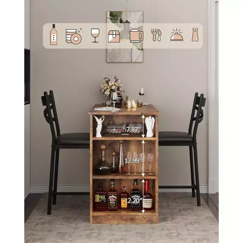 3 Piece Bar Table Set for 2, Bar Table and Chairs Set with with Flip Top Extension, Dining Table Set with Storage Shelves, Suitable for Small Space