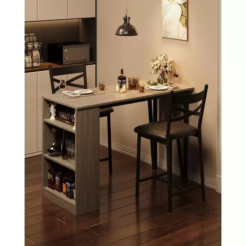 3 Piece Bar Table Set for 2, Bar Table and Chairs Set with with Flip Top Extension, Dining Table Set with Storage Shelves, Suitable for Small Space