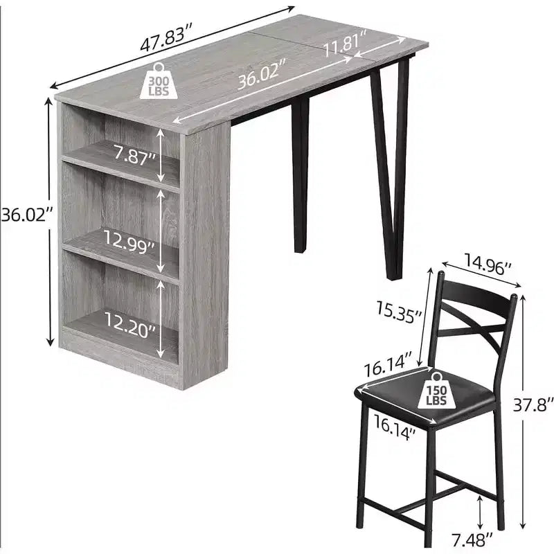 3 Piece Bar Table Set for 2, Bar Table and Chairs Set with with Flip Top Extension, Dining Table Set with Storage Shelves, Suitable for Small Space