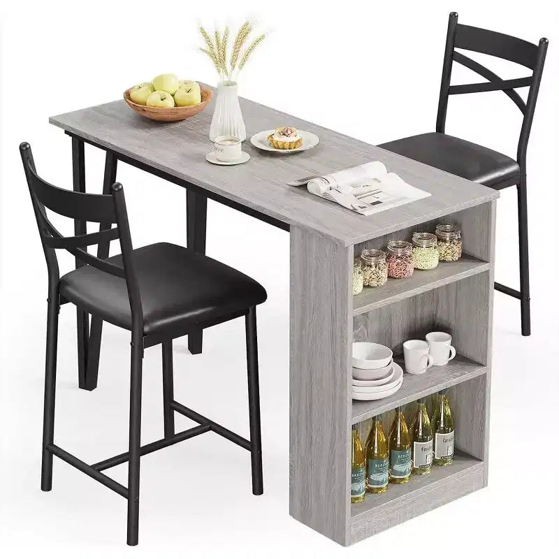 3 Piece Bar Table Set for 2, Bar Table and Chairs Set with with Flip Top Extension, Dining Table Set with Storage Shelves, Suitable for Small Space